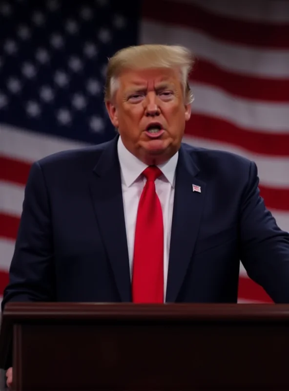 Donald Trump giving a speech at a podium with the US flag behind him.