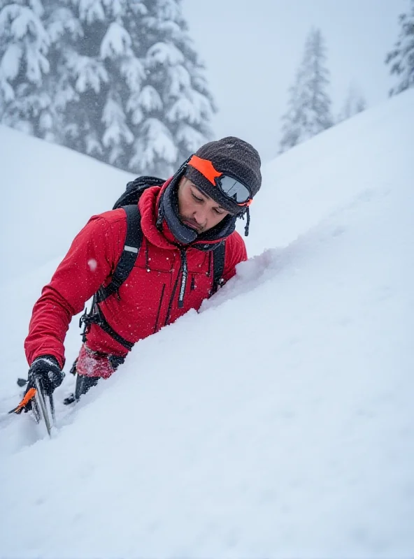 Search and rescue team member in snow gear, using a probe to search for buried victims.