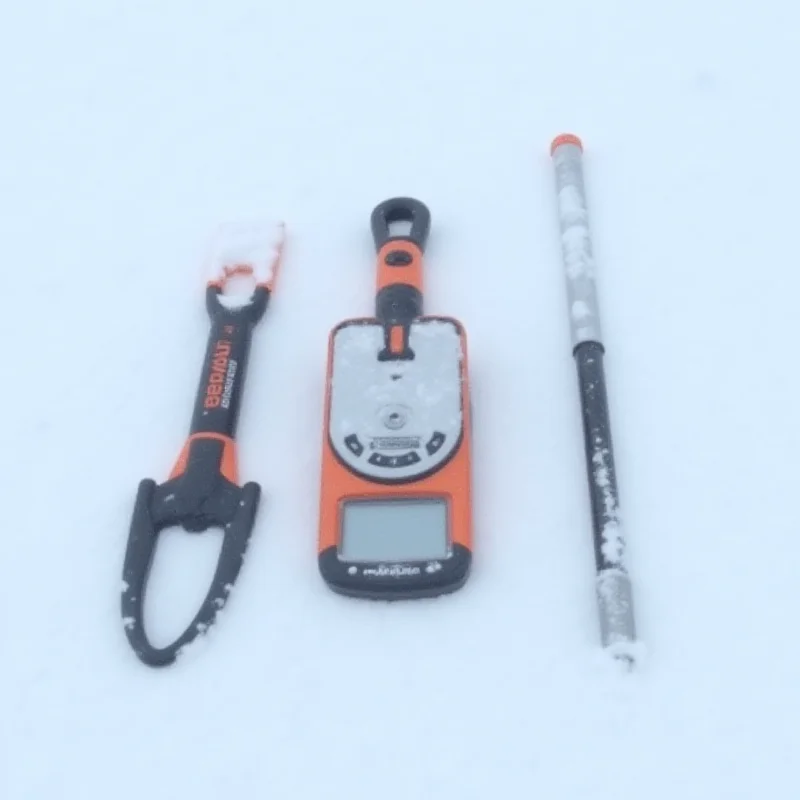 A close-up of an avalanche beacon, shovel, and probe laid out on the snow.