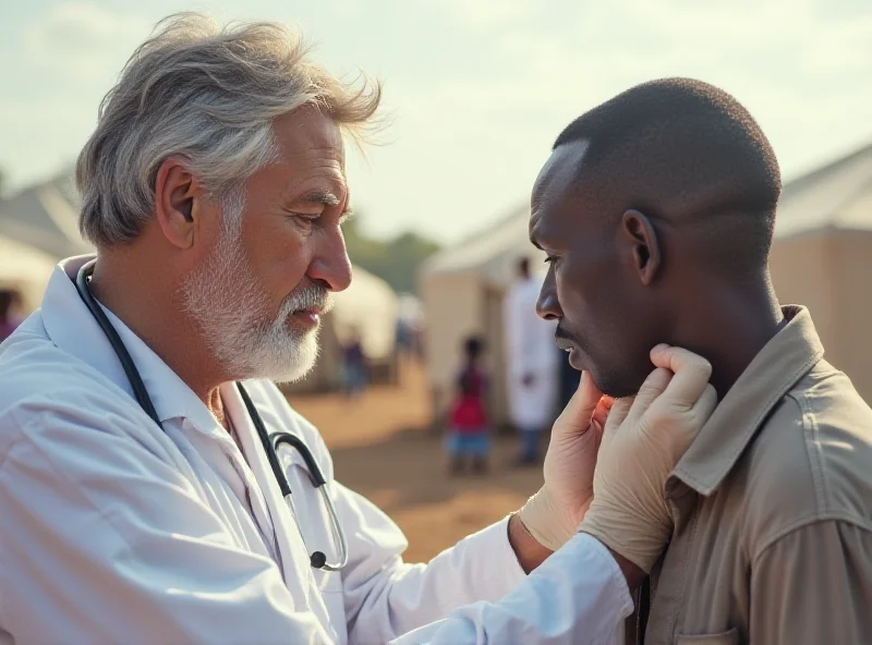 An Italian doctor collecting a DNA sample from a refugee in a camp in Uganda.