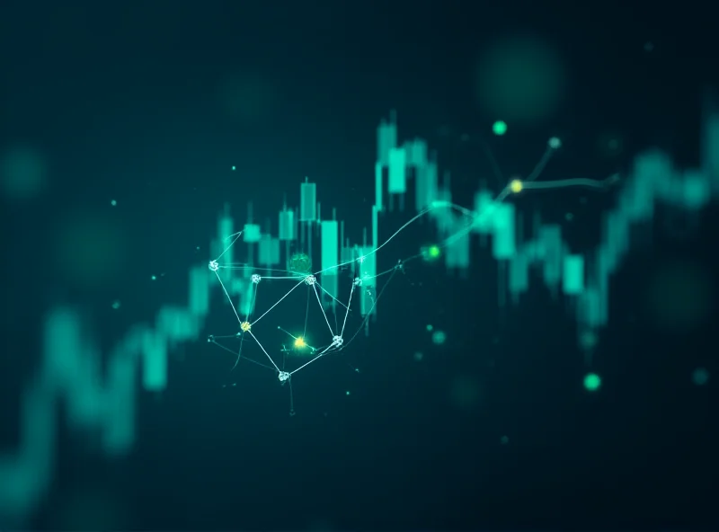 An abstract representation of an algorithm visualized as a network of interconnected nodes and lines, superimposed over a stock market chart.