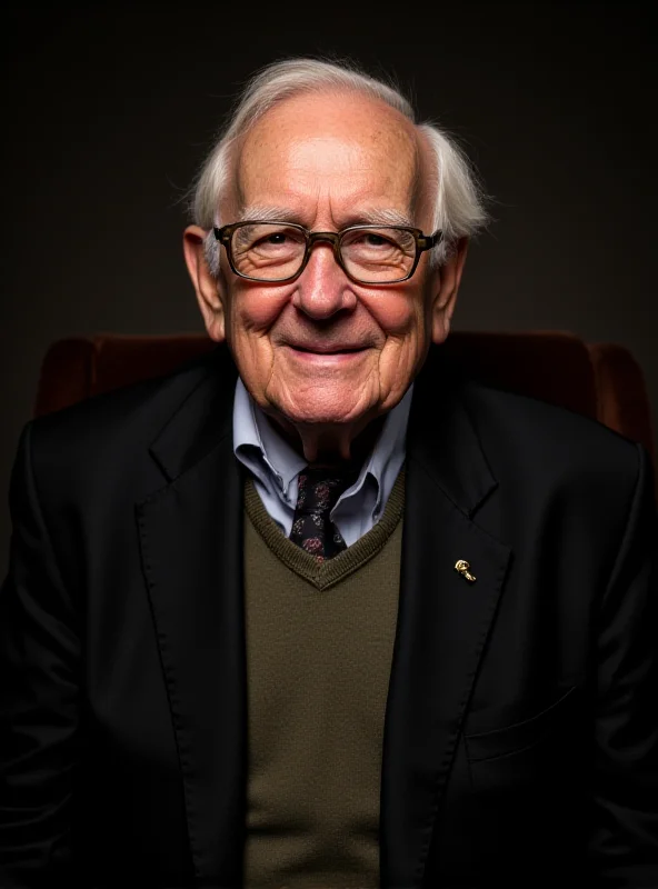 Warren Buffett, a senior man with glasses, sitting in a chair and smiling warmly.