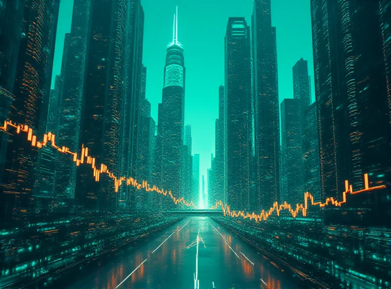 A futuristic cityscape with glowing lines representing data flow, and a stylized bull and bear symbol representing the stock market.