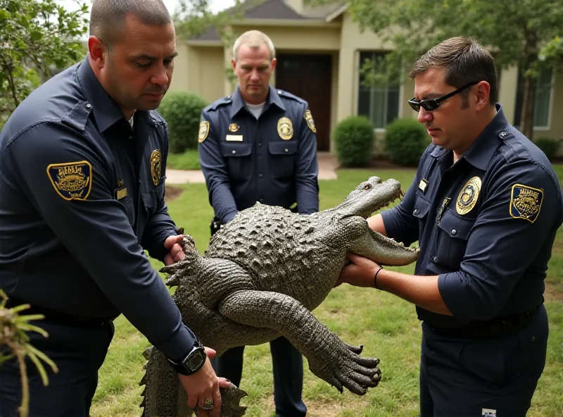 An alligator being handled by law enforcement officers