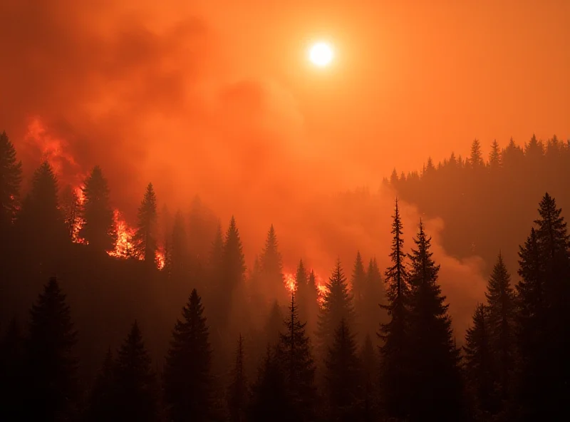 A wide angle view of a large wildfire in a forest, with smoke billowing into the sky