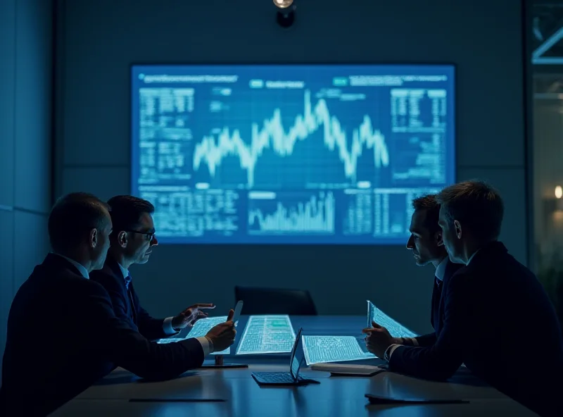 Executives discussing financial data on a screen.