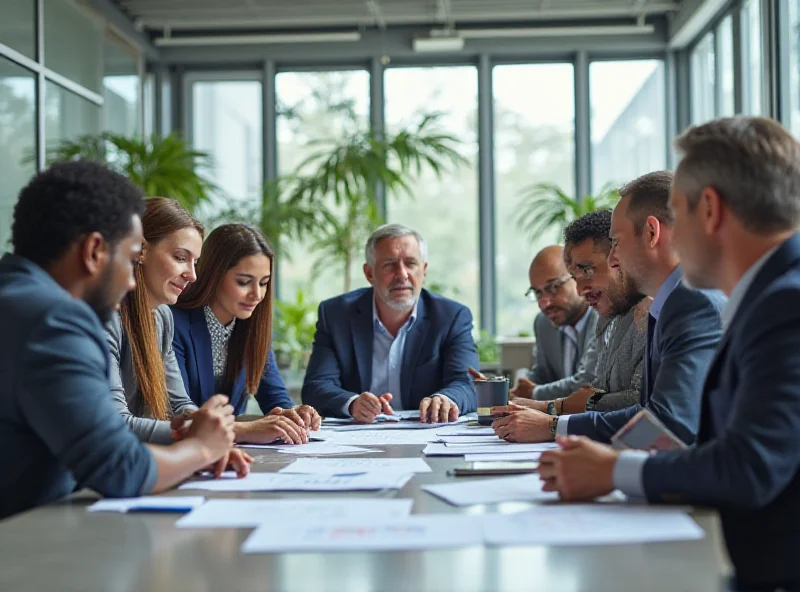 Diverse team of business professionals discussing strategy in a modern office.