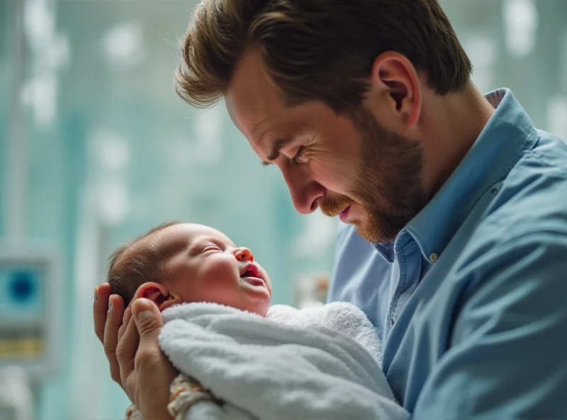 Sam Altman holding his newborn son in a hospital setting.