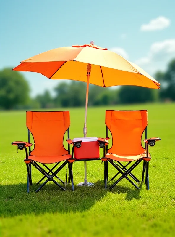 Folding double picnic chair with umbrella and cooler table on a grassy field.