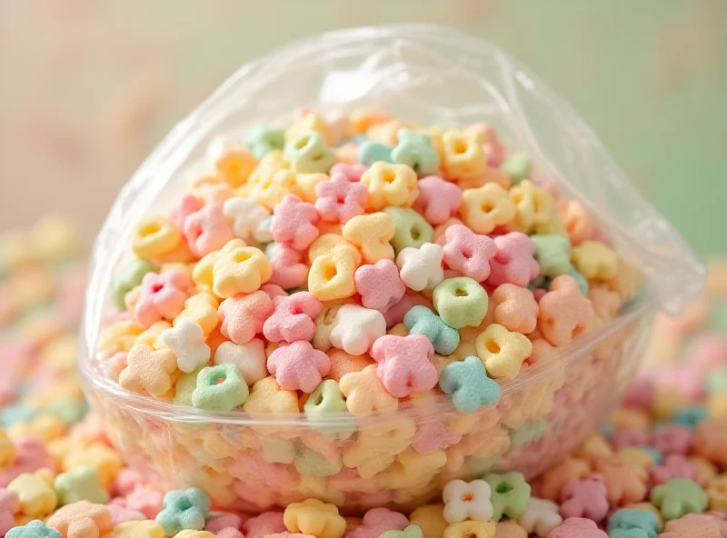 A close-up shot of a giant bag of Lucky Charms marshmallows, overflowing with colorful marshmallows.