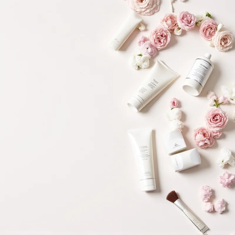 A curated selection of beauty products from Target, including skincare items, makeup brushes, and colorful cosmetics.