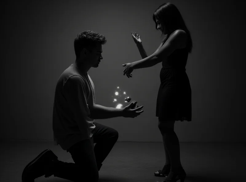 A black and white image showing a man kneeling with an open ring box, looking devastated as a woman shakes her head.