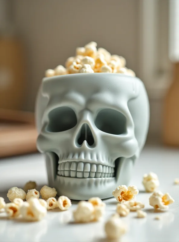 Skull-shaped silicone popcorn popper on a kitchen counter.