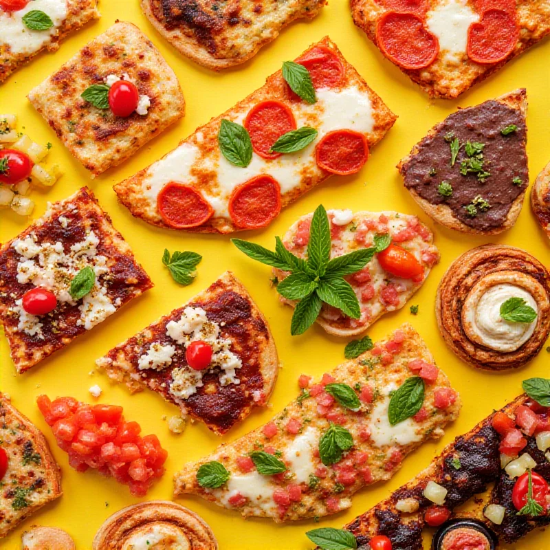 Collage of various food items, including pizza, salad, and desserts.