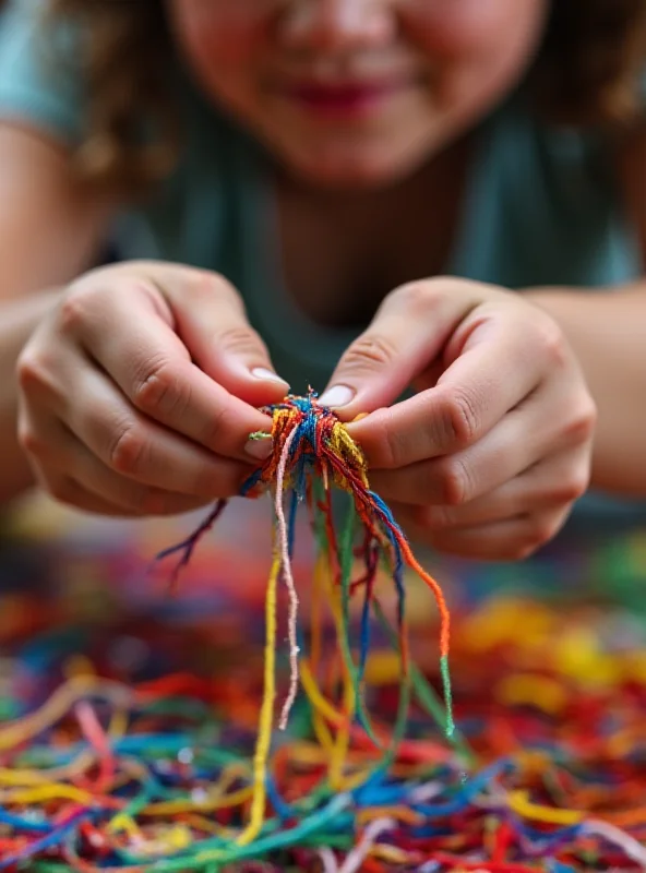 Close up shot of colorful friendship bracelets being made, with hands weaving the threads. The Amazon logo is subtly displayed in the background.