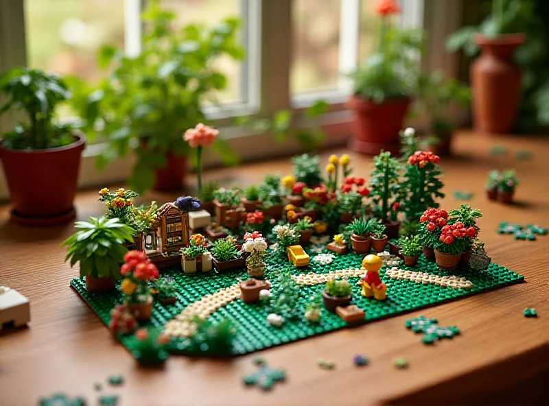 A completed Lego Tiny Garden 1000-Piece Jigsaw Puzzle displayed on a table, showcasing the vibrant colors and intricate details. The Amazon logo is subtly placed in the corner.