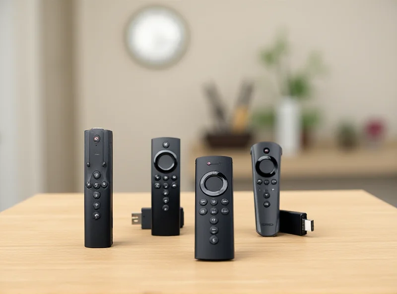 Various Amazon Fire TV Sticks and remote controls laid out on a table.