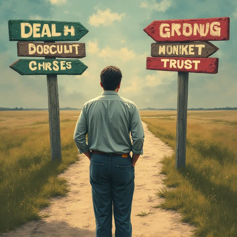 A person thoughtfully considering two paths, one labeled 'Deals and Discounts' and the other 'Ethical Considerations,' symbolizing the choices consumers face.