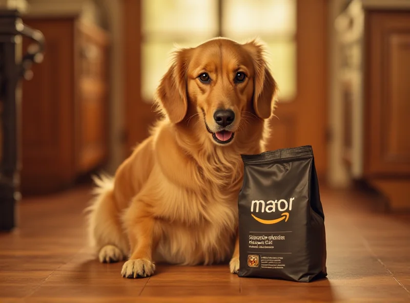 A happy golden retriever dog sitting next to a large bag of dog food on a wooden floor. The Amazon logo is subtly visible in the background.