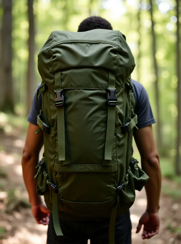 A close-up shot of a person's back while wearing a large, olive-green military backpack. The backpack is packed full and has various straps and compartments. The person is standing in a natural, outdoor setting.