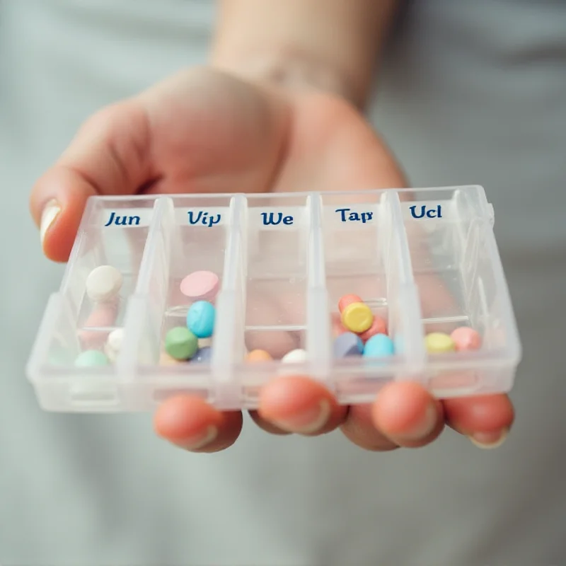 A clear plastic weekly pill organizer with seven compartments, each labeled with a day of the week. The compartments are filled with various colorful pills. The background is a soft, blurred image of a senior citizen's hand.