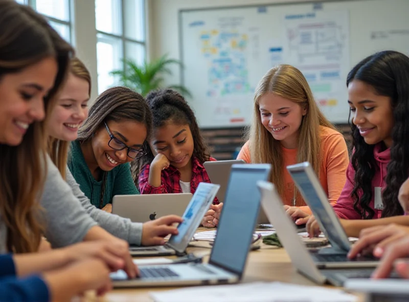 A group of smiling teen girls working on laptops at an Amazon AI workshop.