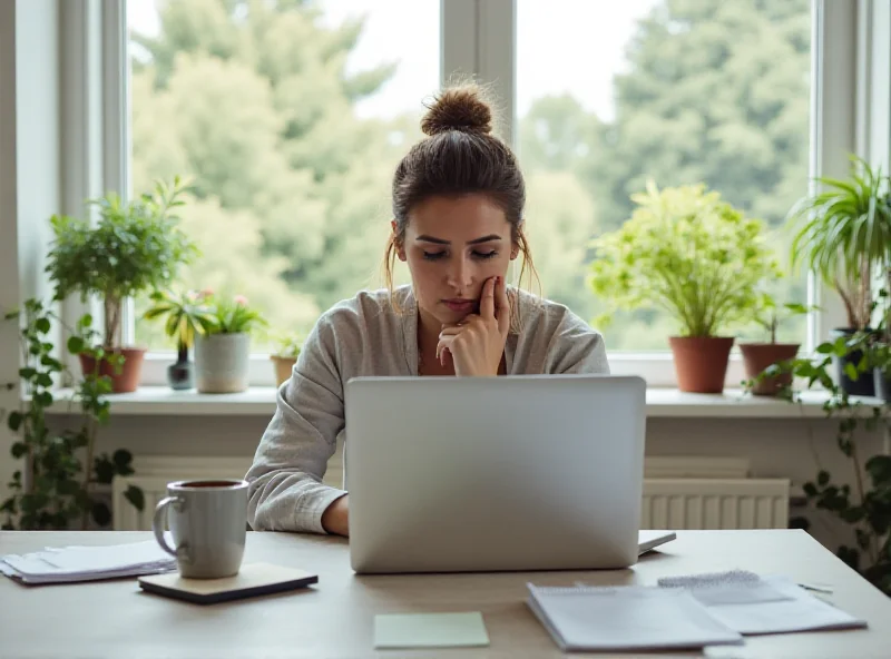 A person sitting at a desk in a home office, looking thoughtfully at a laptop screen.