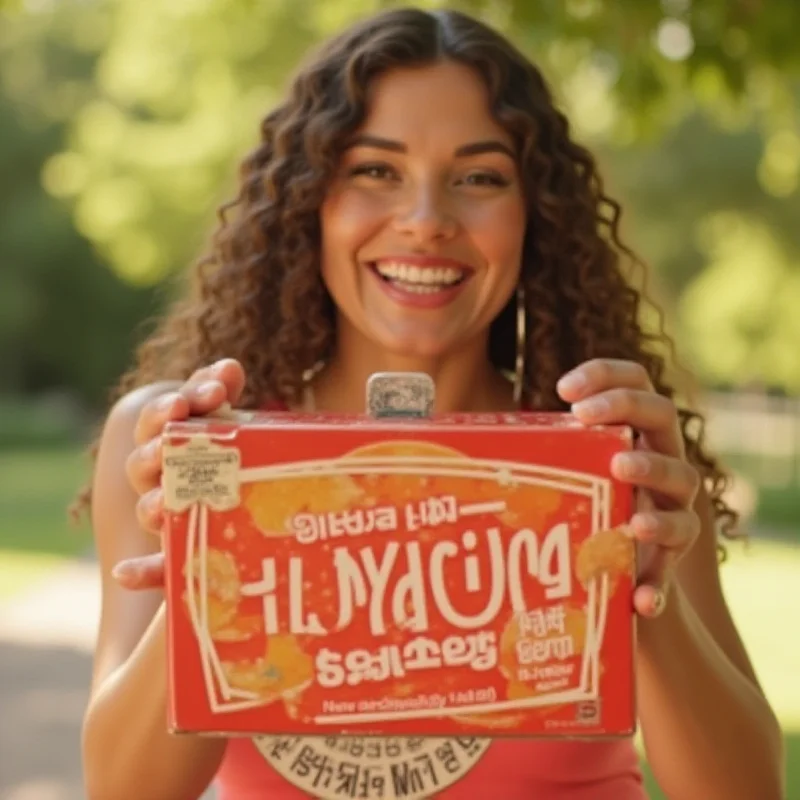 A person smiling and holding a box of Cracker Jacks.