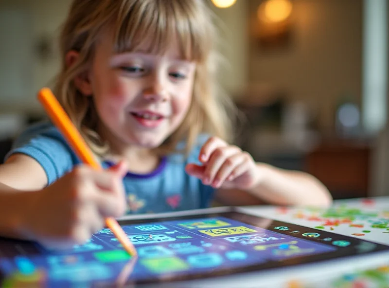 Close-up of a child using an LCD writing tablet with colorful doodles on the screen.