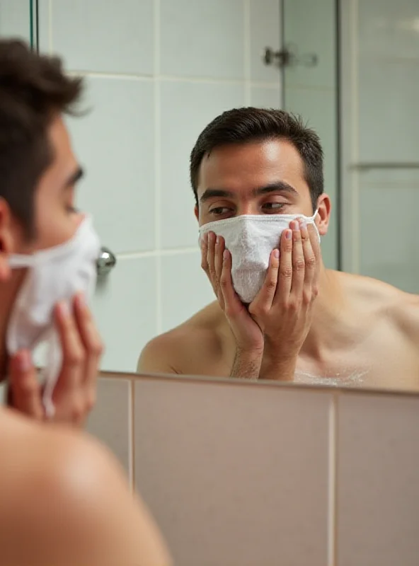 A person shaving in the shower using a fogless mirror, with a clean and bright bathroom background.