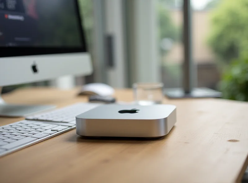 An Apple M4 Mac Mini on a desk with a monitor and keyboard.