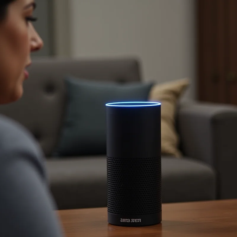 A person speaking to an Amazon Echo device, with the Alexa light ring illuminated.