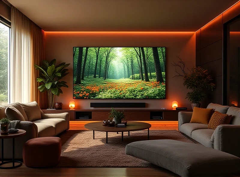 A living room setup with a modern LG 65-inch 4K Smart TV displaying a vibrant nature scene.