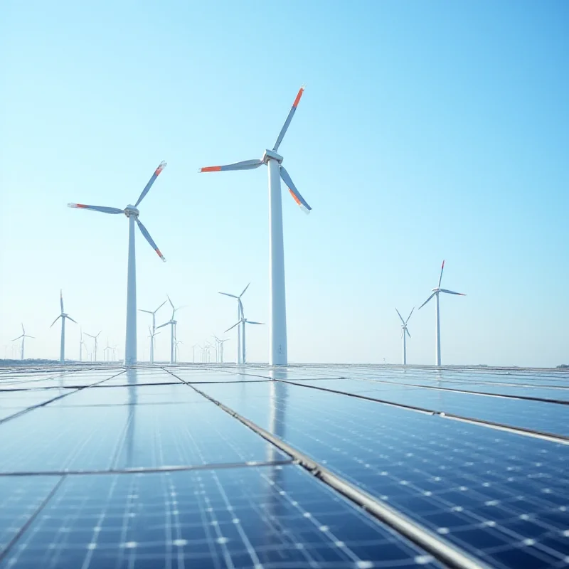 Close-up of GE Vernova wind turbines and solar panels powering Amazon's data centers.