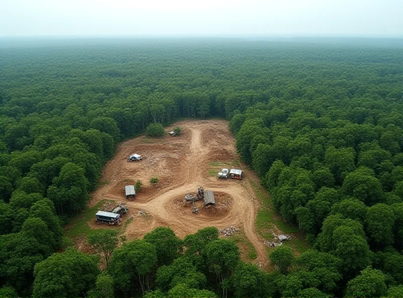 Deforestation and mining operation in the Amazon rainforest, aerial view