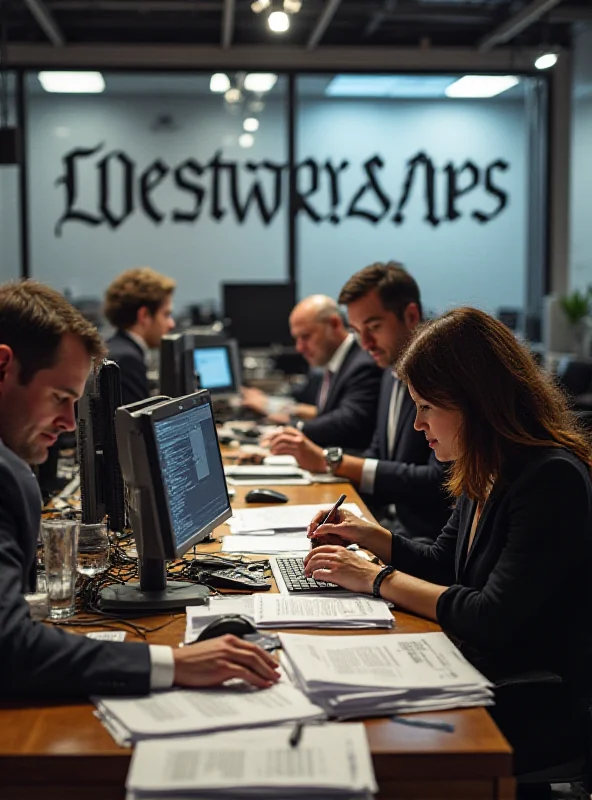 A newsroom with journalists working at their desks, Washington Post logo visible in the background