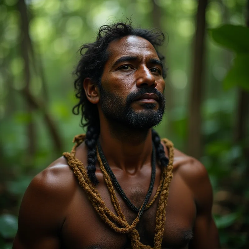 An Indigenous man standing in the Amazon rainforest, looking directly at the camera with a serious expression