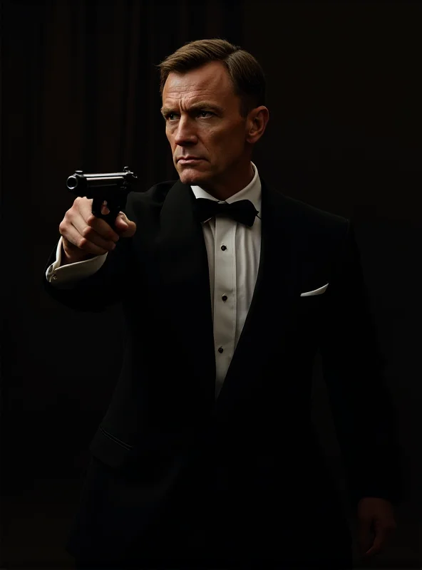 A dramatic scene from a James Bond movie with Bond in a tuxedo holding a gun.