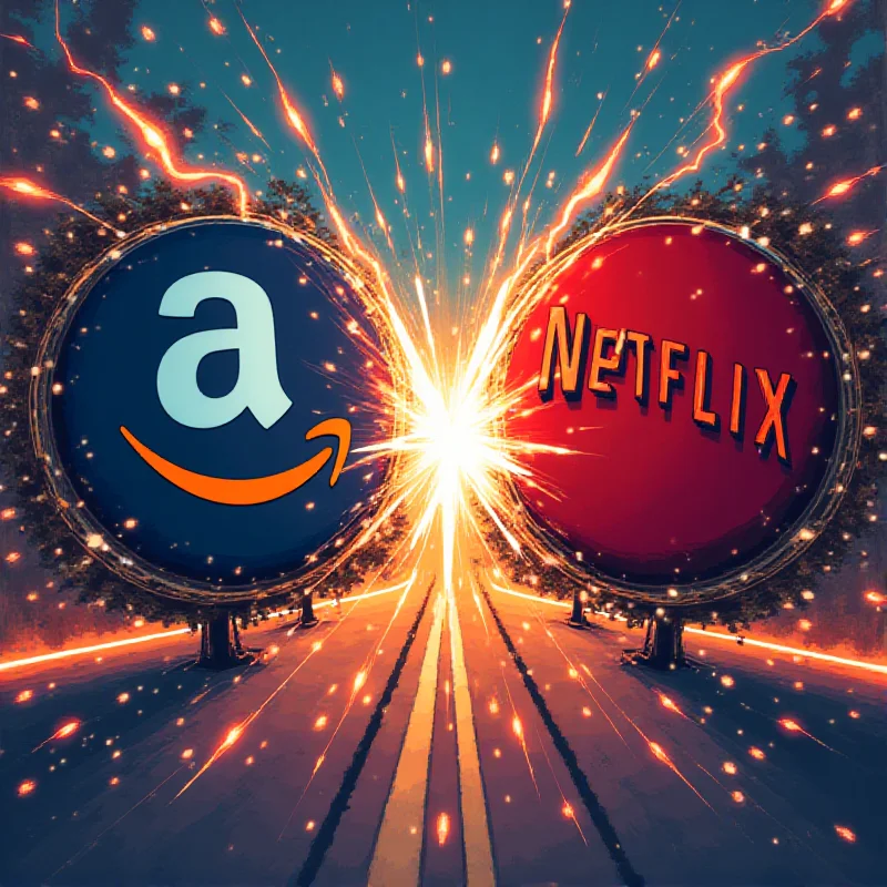 A stylized image depicting a battle between the Amazon and Netflix logos, with advertising symbols in the background.