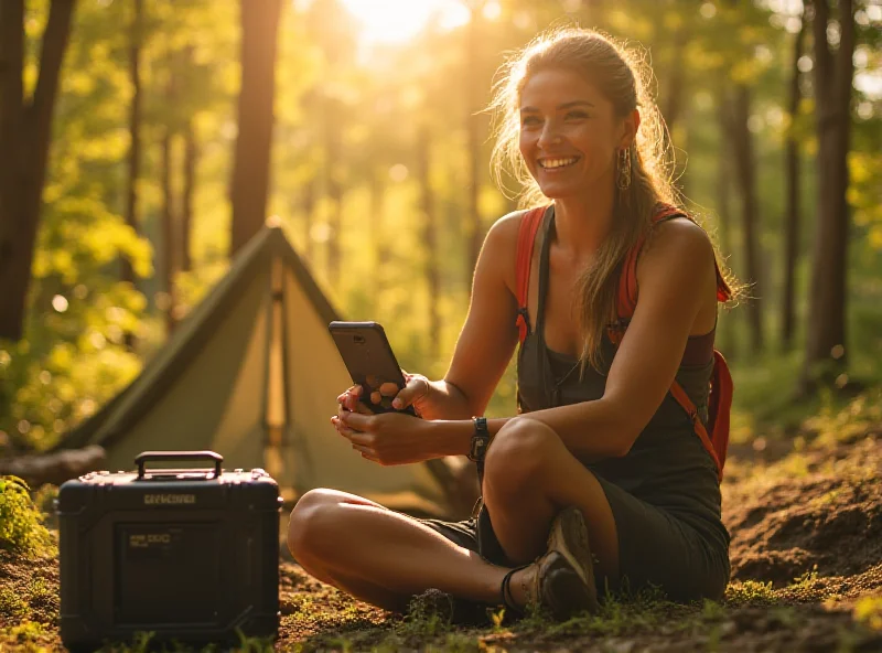 A person using a portable power station while camping in a forest.