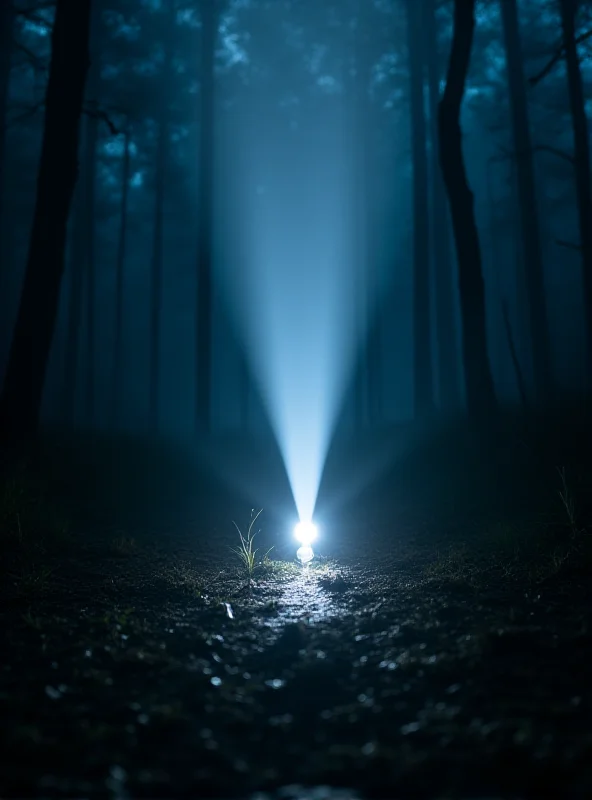 Close-up shot of a bright LED flashlight illuminating a dark forest path.