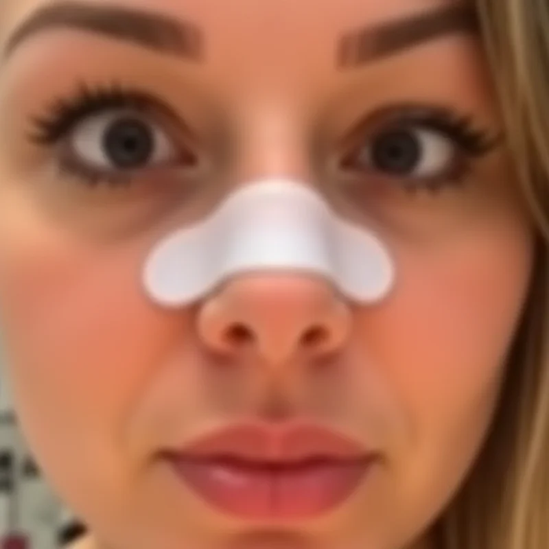 Close-up shot of nasal strips applied to a person's nose, with a focus on the adhesive and fit.