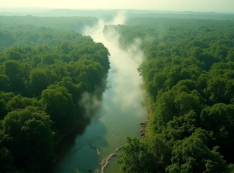 Aerial view of a steaming river winding through a lush green Amazon rainforest.