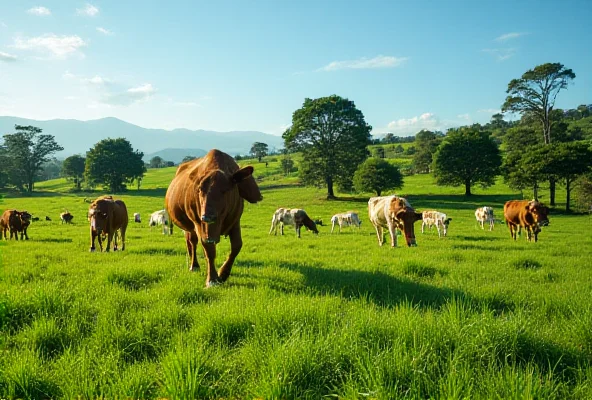 A modern, well-maintained cattle farm in Colombia, with lush green pastures and healthy-looking cows.