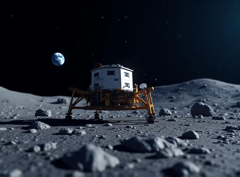 A digital rendering of the Firefly Aerospace Blue Ghost lander on the surface of the moon, with Earth visible in the background.