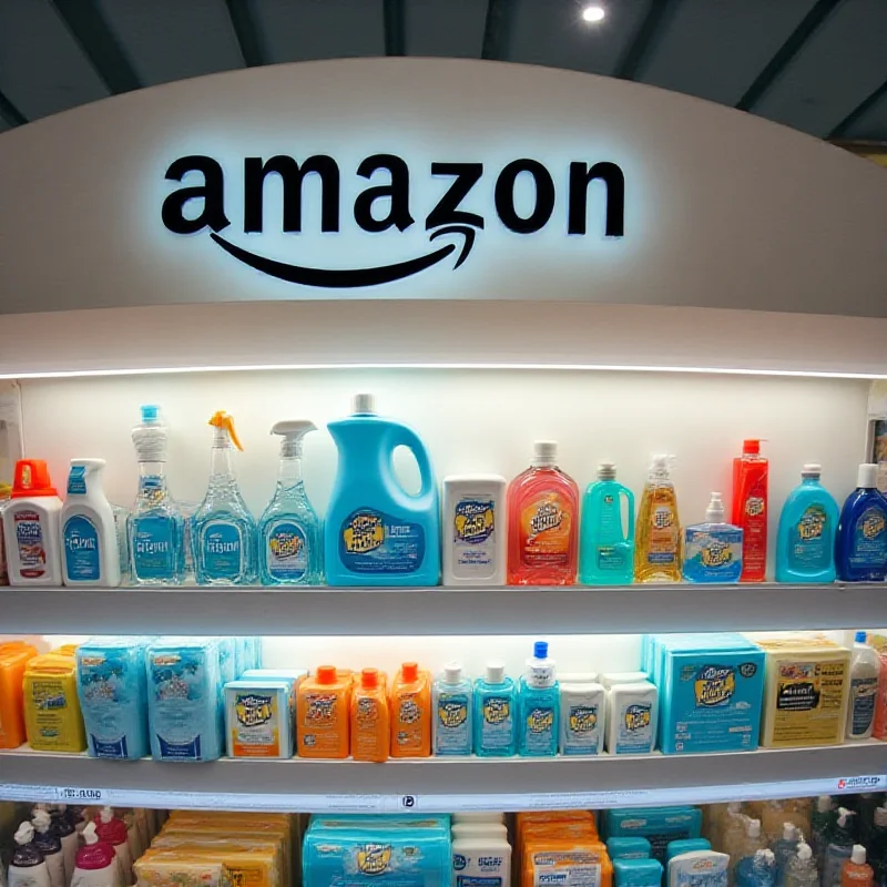 A display of various household cleaning supplies and personal care items available on Amazon.