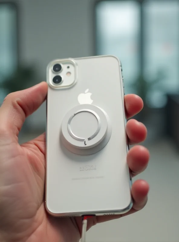 A hand holding an iPhone 16e with a MagSafe puck awkwardly attached to the back, highlighting the lack of native MagSafe support.