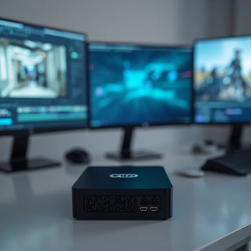 The Bosgame P3 mini PC, a small black box with various ports visible, sitting on a desk with three 4K monitors displaying different applications.