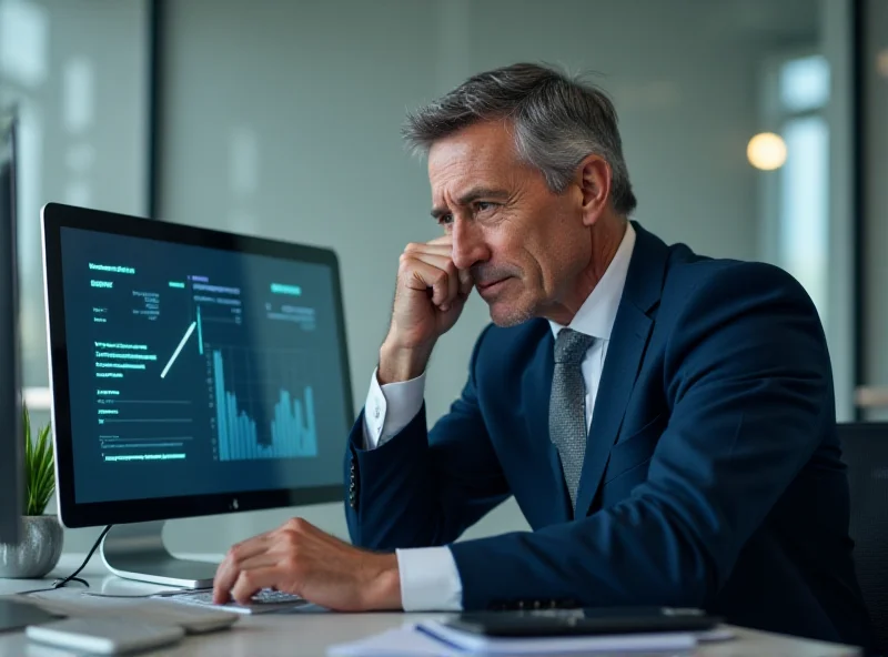 A worried business owner looking at a graph showing declining profits.