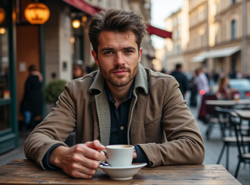 A man sitting at a cafe in Berlin, Germany, looking thoughtful.